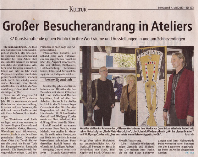 Artikel zur Ausstellung in und um Schneverdingen am 1. Mai 2013 in der Böhme-Zeitung (am 04.05.2013 auf Seite 10 "Kultur") [mit freundlicher Genehmigung des Autors und Fotografen Herrn de Vries]