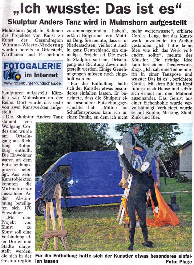 Artikel zur Aufstellung der Skulptur Anders Tanz in Mulmshorn am 3. Mai 2014 in der Rotenburger Rundschau (am 21.05.2014 auf Seite 10 "Stadt Rotenburg") [mit freundlicher Genehmigung der Redaktion der Rotenburger Rundschau]
